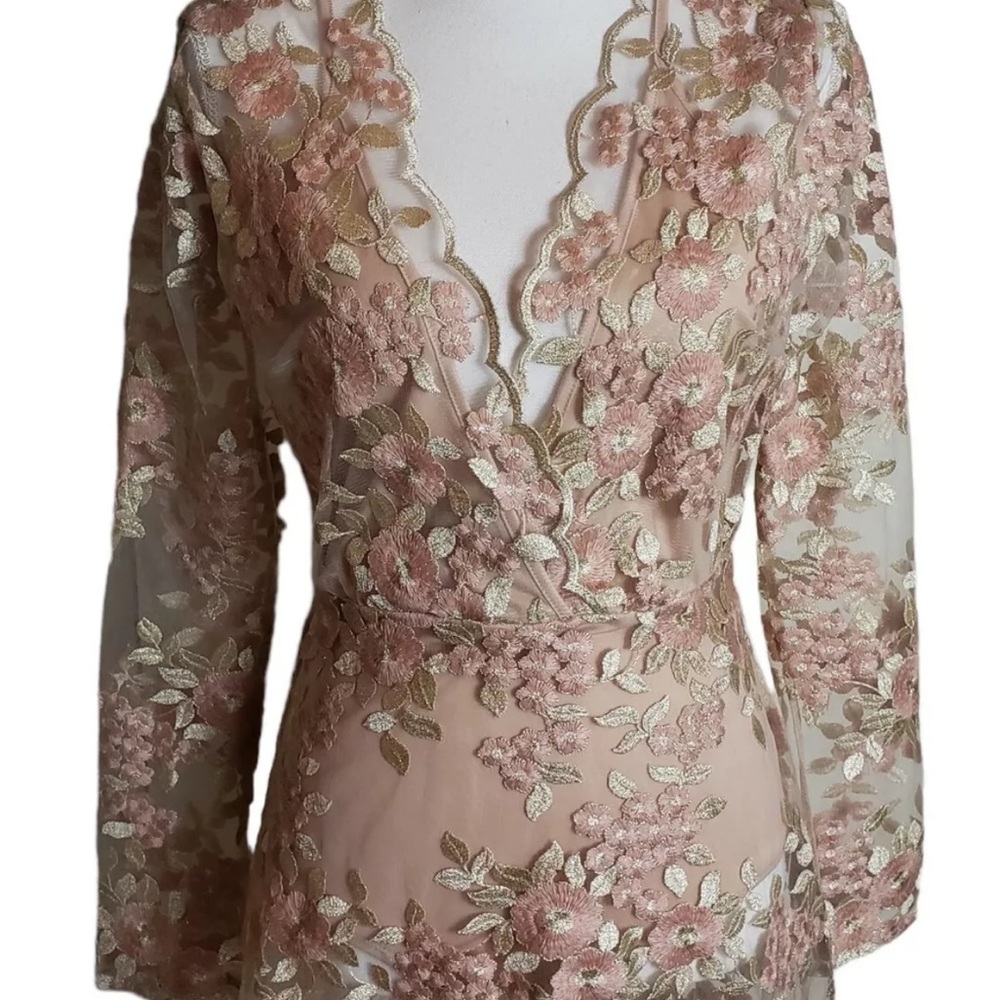 Fashion Nova Blush Pink Flower Goddess  Dress Size Large Maxi Sheer Embroidered